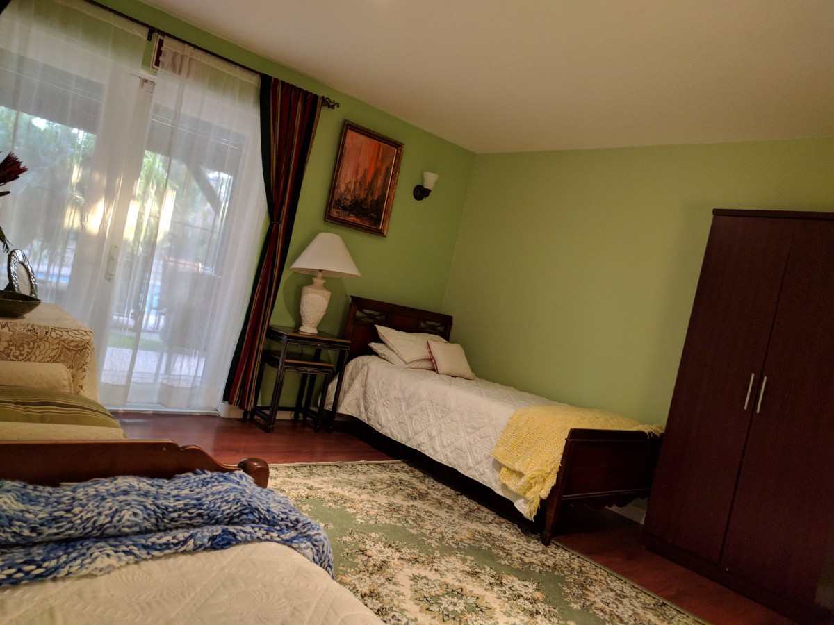 A cozy bedroom with two single beds, green walls, and a large rug.