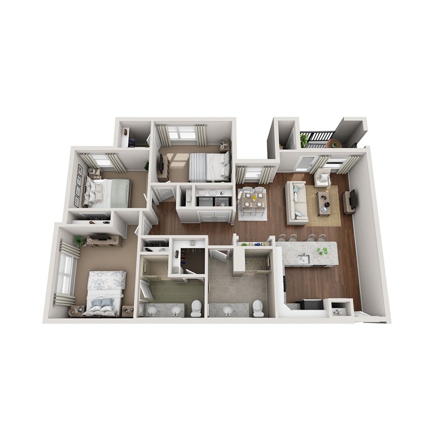 A detailed 3D floor plan of a modern apartment layout featuring multiple rooms including bedrooms, a kitchen, and living areas.