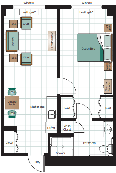 A detailed floor plan of a small apartment featuring a living room, bedroom, kitchen, and bathroom.