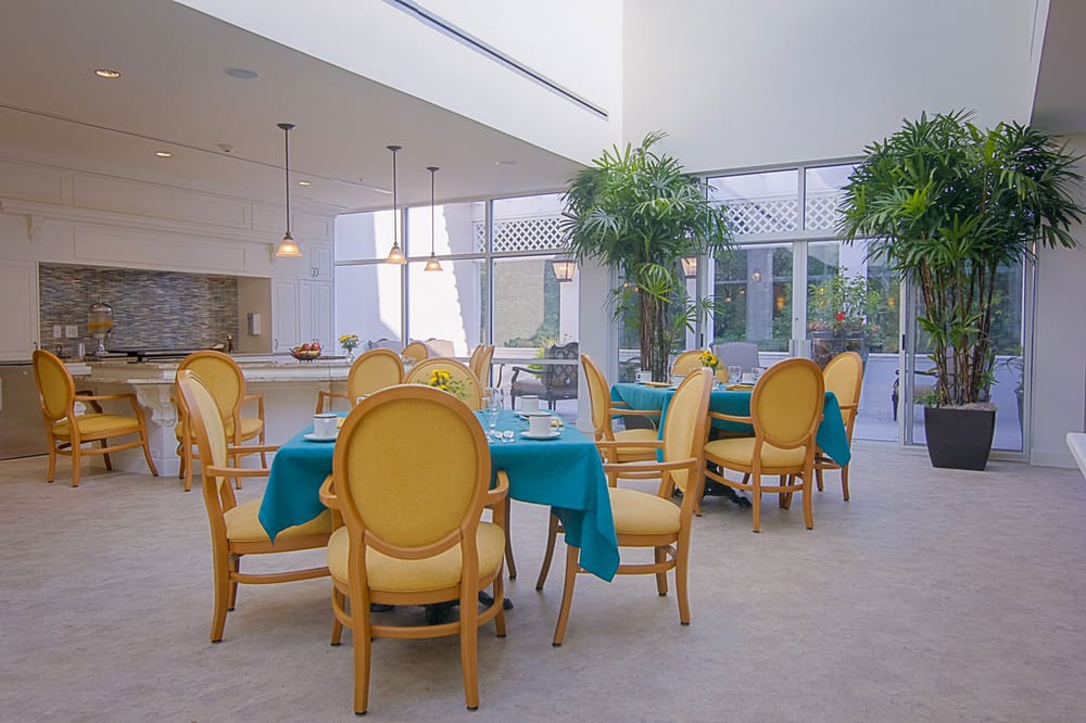 A modern indoor dining area with teal-covered tables and wooden chairs, illuminated by natural light and surrounded by lush green plants.