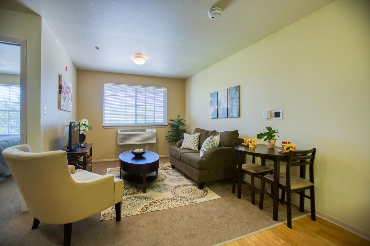 Cozy living room with a sofa, armchair, and dining area.