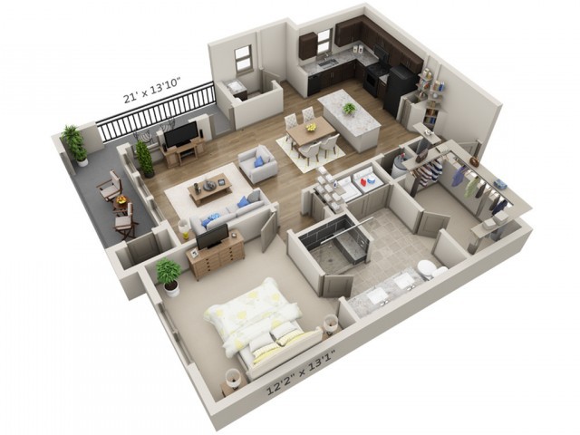 A 3D rendering of a two-bedroom apartment floor plan, showcasing an open living area, kitchen, and bathroom.