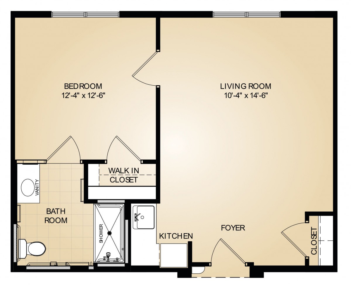 A floor plan showing the layout of a one-bedroom apartment, including a living room, kitchen, bathroom, walk-in closet, and foyer.