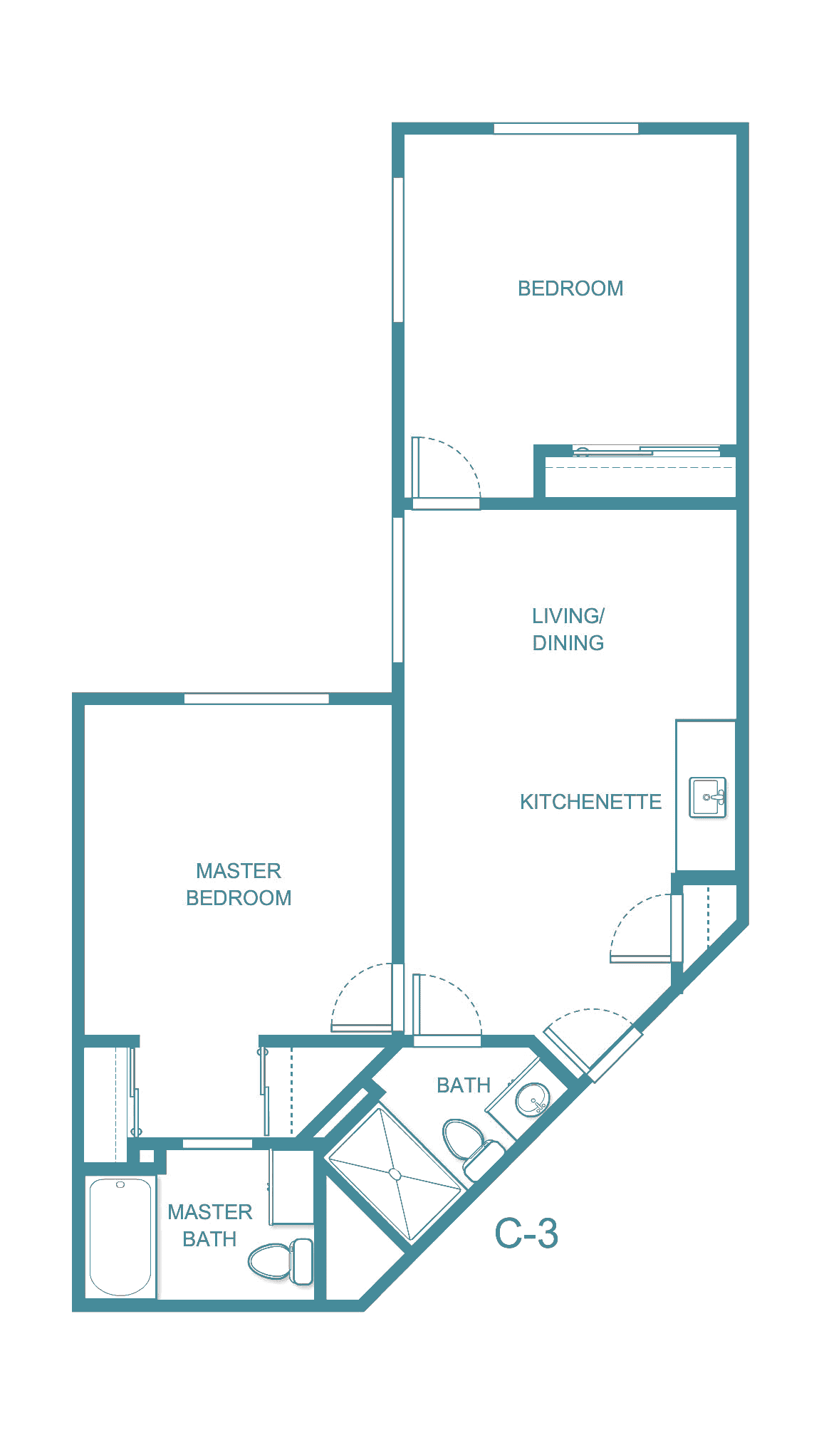A floor plan showing the layout of an apartment including a master bedroom, lounge/dining area, kitchenette, and bathroom.