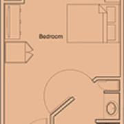 A floor plan depicting a bedroom layout with furniture.