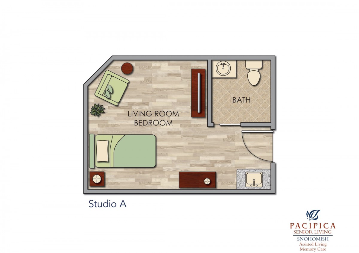 Studio A floor plan layout with combined living and bedroom area.
