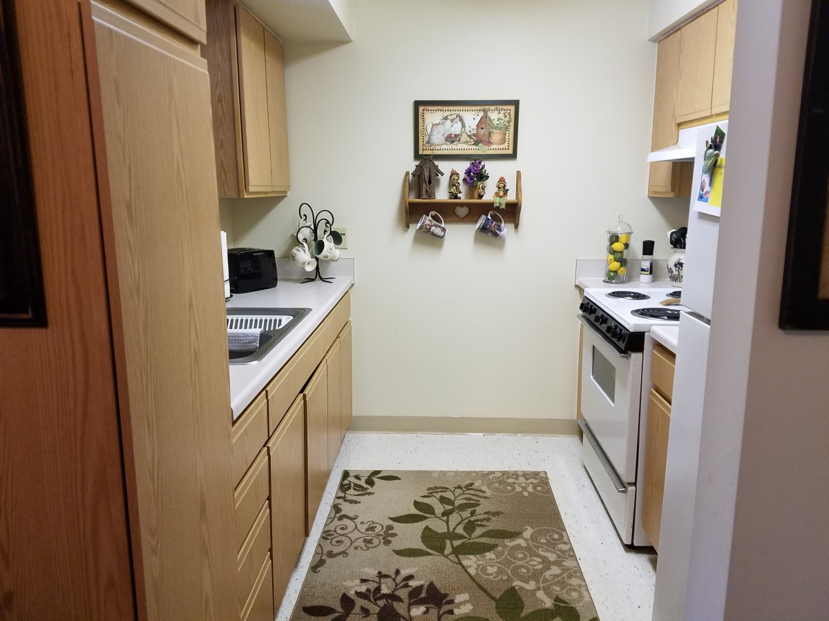 A cozy kitchen with wooden cabinets, a floral rug, and neatly arranged appliances.