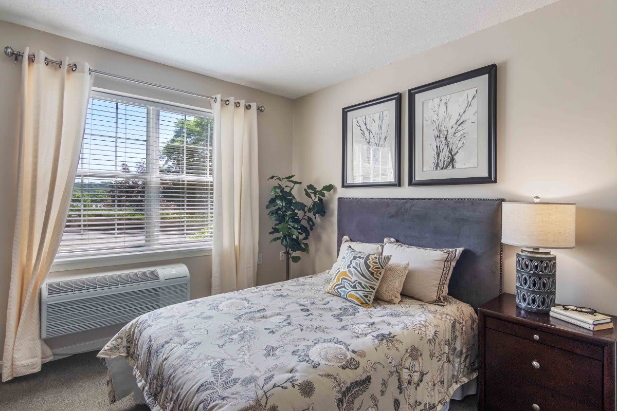 A cozy bedroom with a well-decorated bed, artwork on the walls, and natural light streaming through the window.