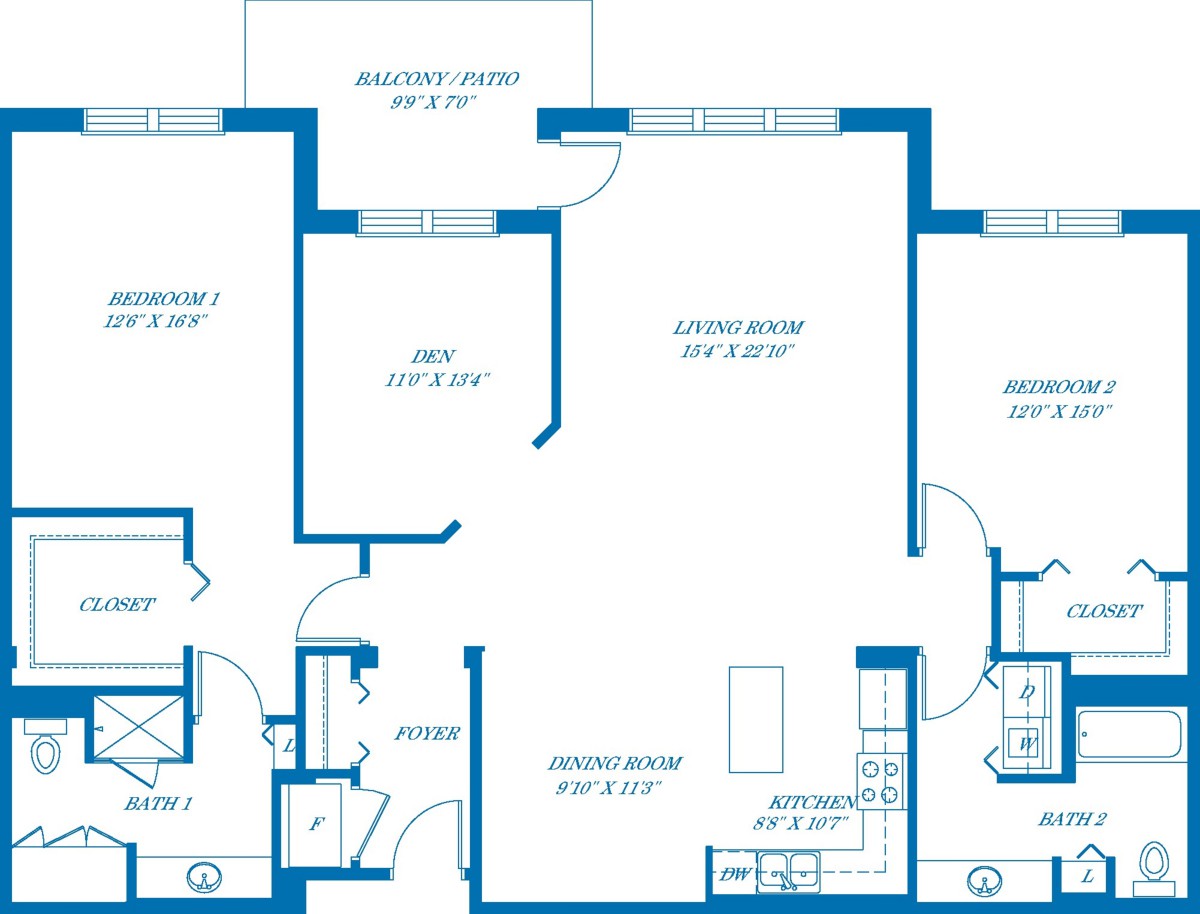 A detailed floor plan of an apartment showing the layout of rooms and fixtures.