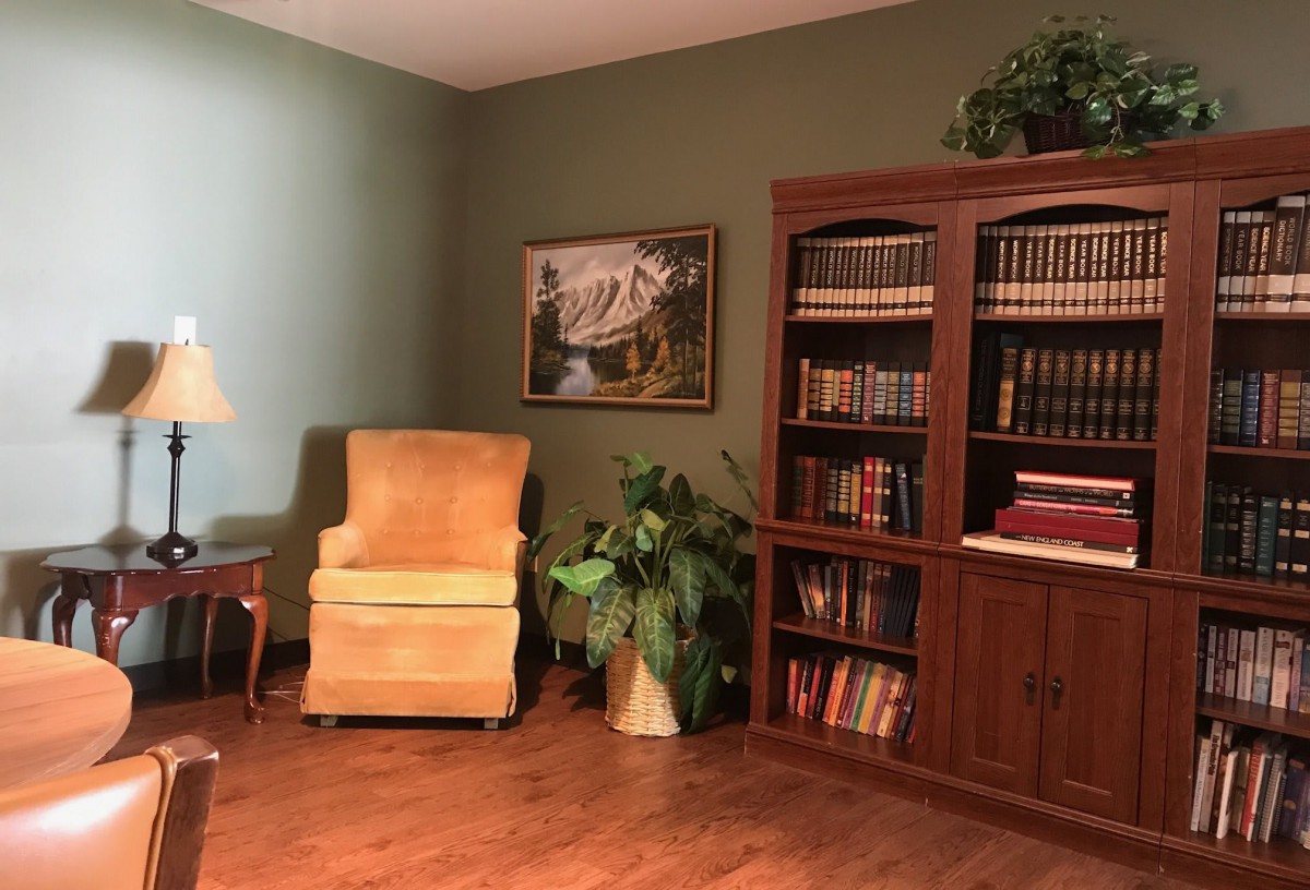 A cozy reading corner with an armchair, bookshelf filled with books, and a potted plant.