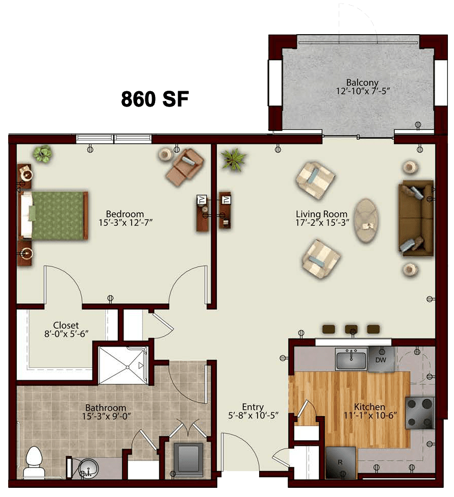 A detailed floor plan of a one-bedroom apartment with labeled rooms including living room, kitchen, and bathroom.