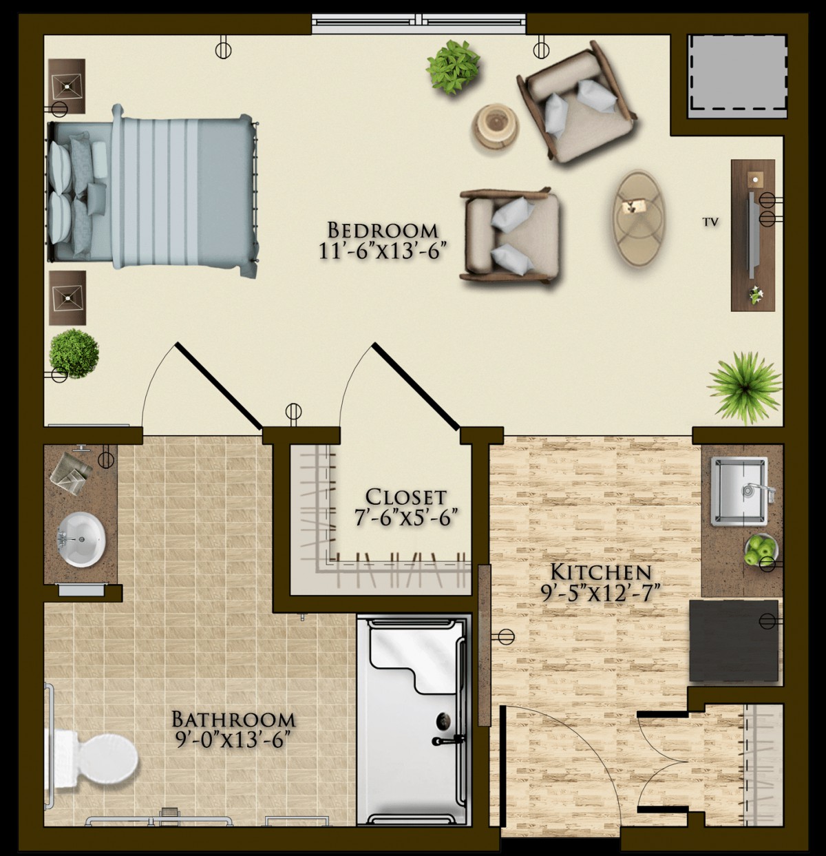 One-bedroom apartment floor plan with labeled rooms including a living room, kitchen, bathroom, and closet.