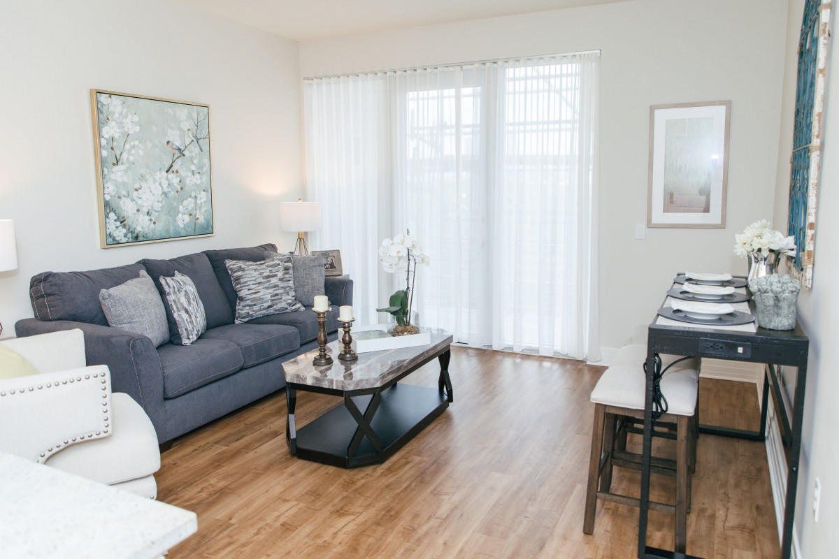 A bright and modern living room with a cozy couch, stylish coffee table, and elegant decor.