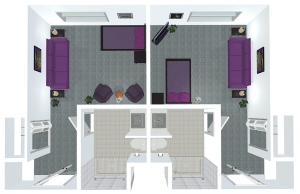 A modern floor plan showing a two-room apartment with symmetrical layout and stylish furniture.