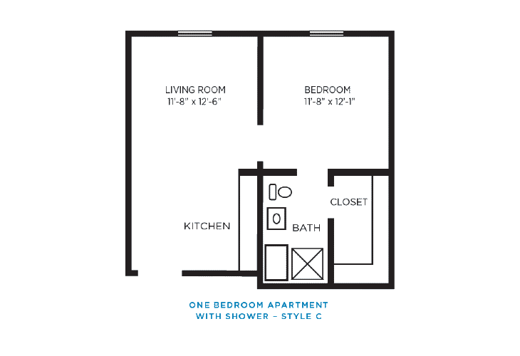 Floor plan of a one-bedroom apartment with labeled rooms.