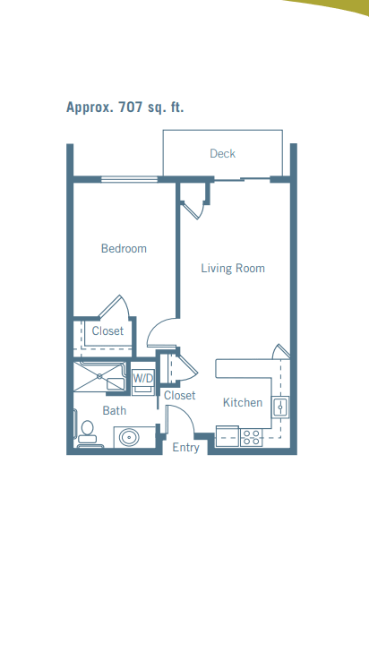 A floor plan of a one-bedroom apartment with a living room, kitchen, bathroom, and closets.