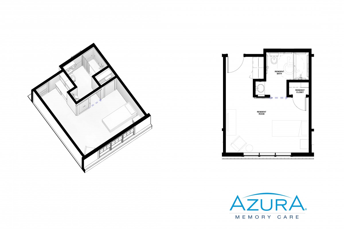 3D and 2D floor plans for a residential space from Azure Memory Care.
