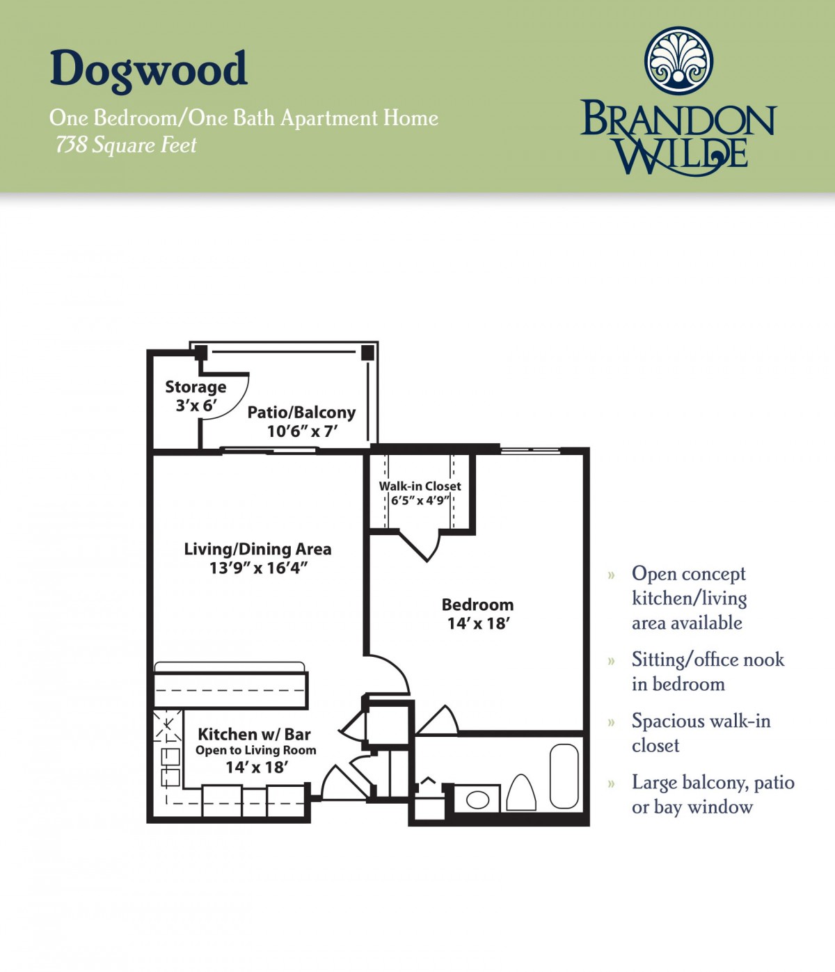 Floor plan of Dogwood apartment, featuring one bedroom and essential amenities for senior living at Brandon Wilde.