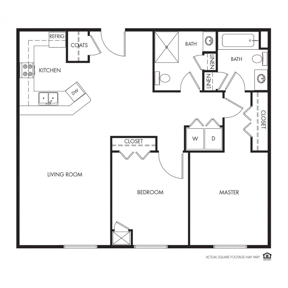 A detailed floor plan of a one-bedroom apartment featuring a kitchen, living room, and bathroom.