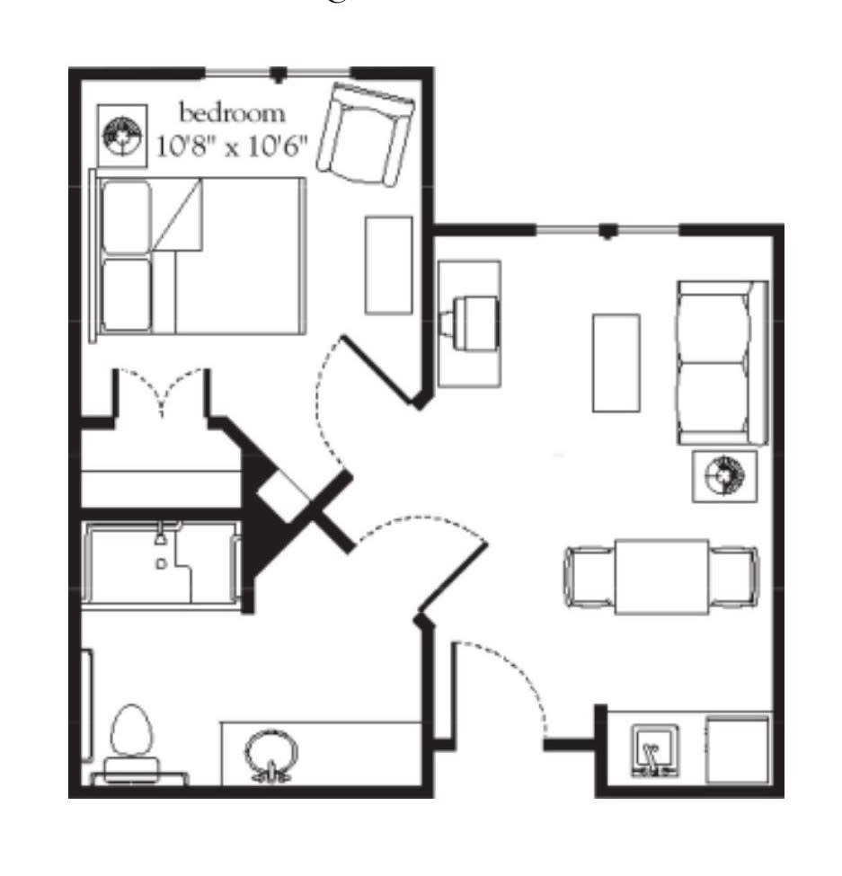 A detailed floor plan of a one-bedroom apartment showing the layout of living spaces.