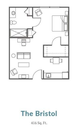 A simple one-bedroom apartment floor plan featuring a living area, kitchen, and bathroom.