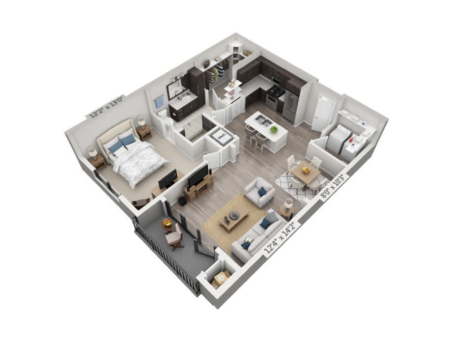 3D floor plan of a modern one-bedroom apartment featuring a spacious living area and kitchen.
