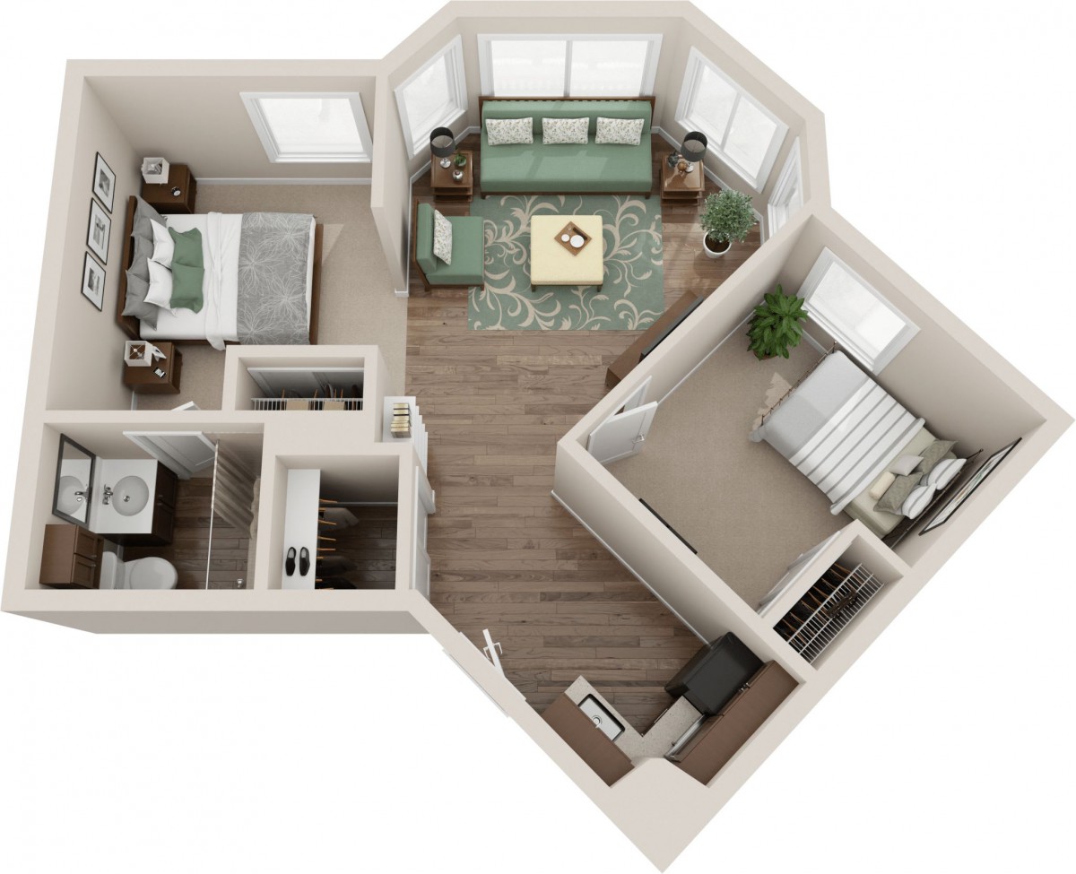 A 3D floor plan of a two-bedroom apartment with a living area, kitchen, and bathroom.