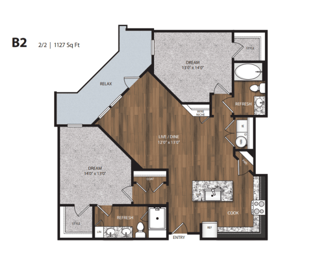 A detailed floor plan of a two-bedroom apartment.