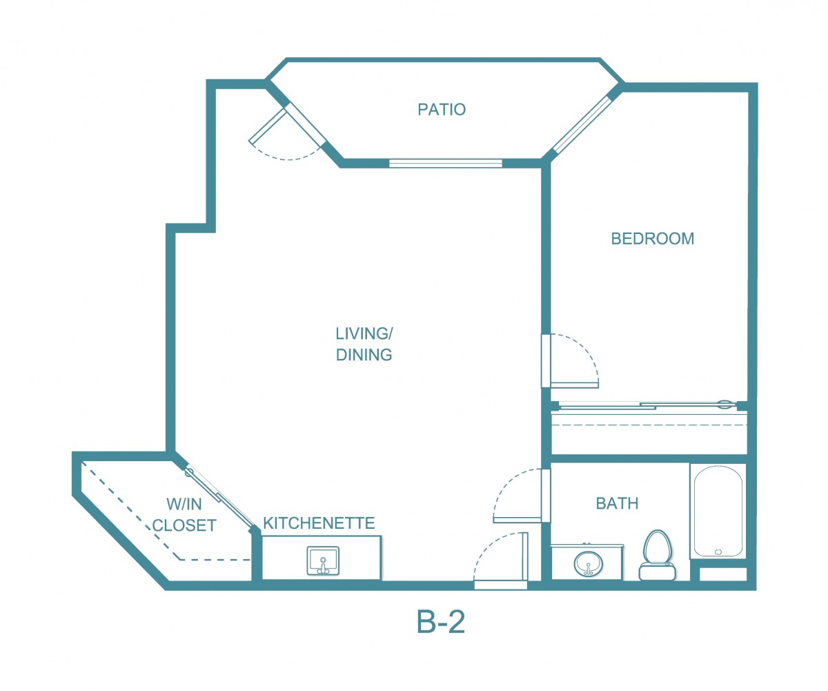 Floor plan of a one-bedroom apartment with living/dining area, kitchenette, closet, bathroom, and patio.
