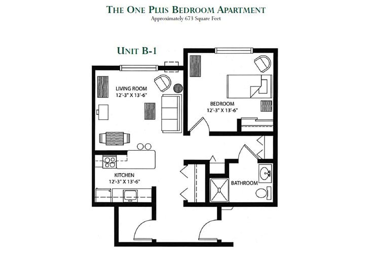 Floor plan of a one-plus-bedroom apartment, identified as Unit B-1.