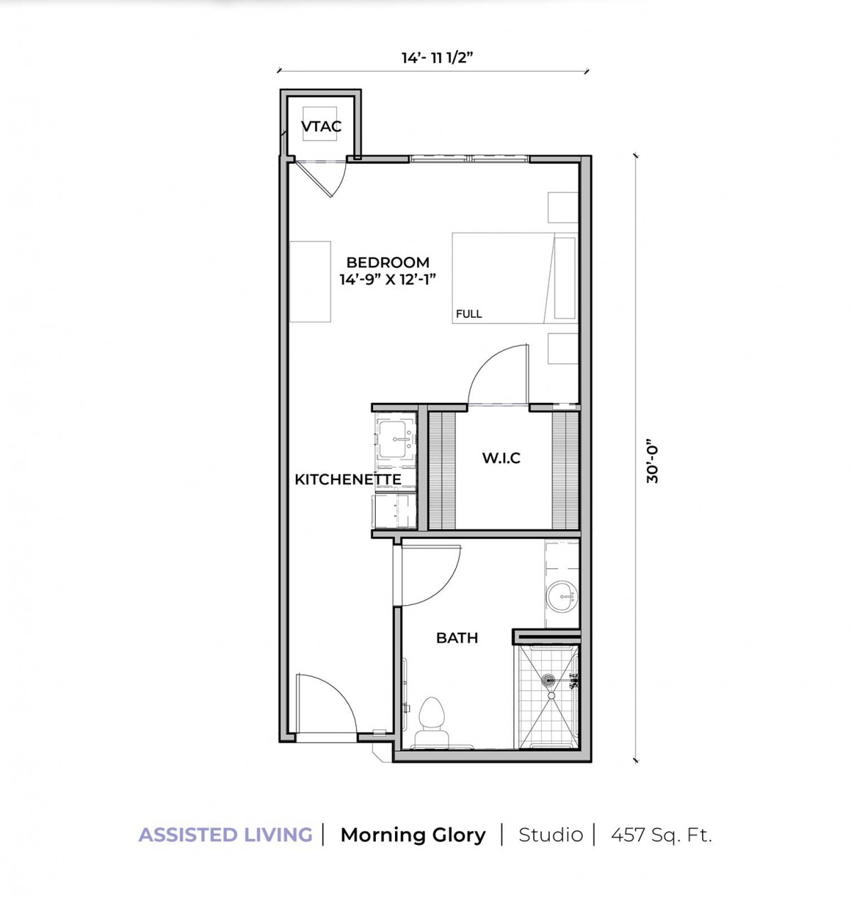 This image shows a detailed floor plan of a studio apartment labeled as Morning Glory, with specified dimensions and room designations.