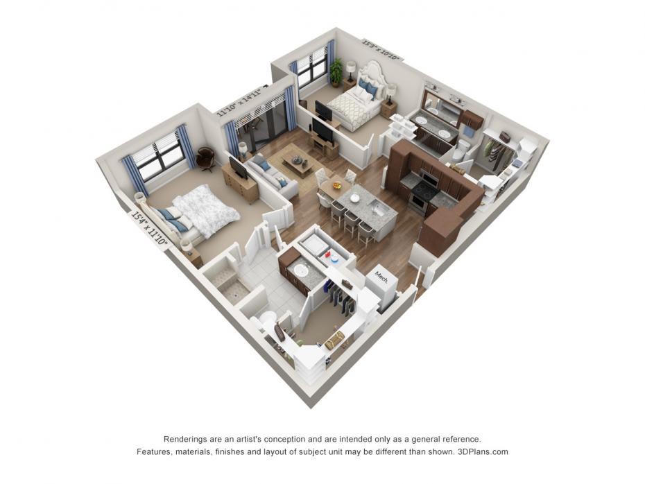3D floor plan of a modern apartment showing the layout of rooms and furniture.