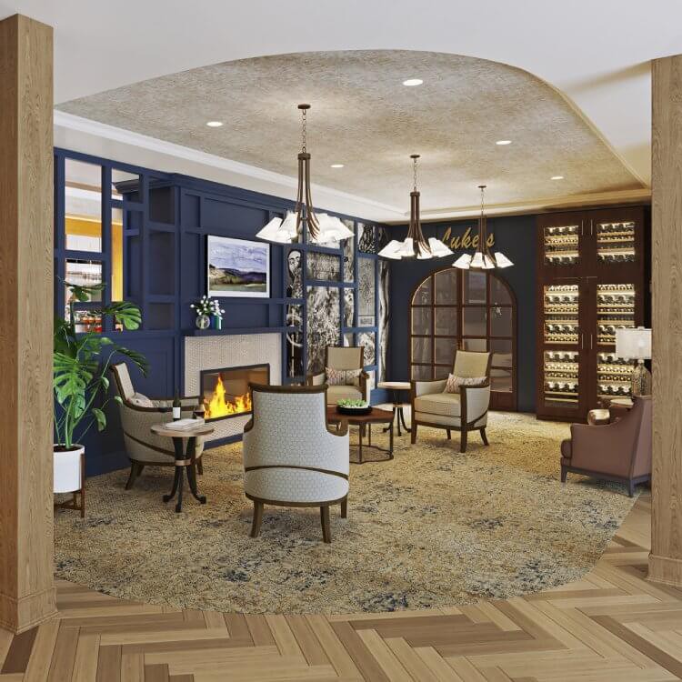 A cozy lounge area with elegant furniture and a warm fireplace.