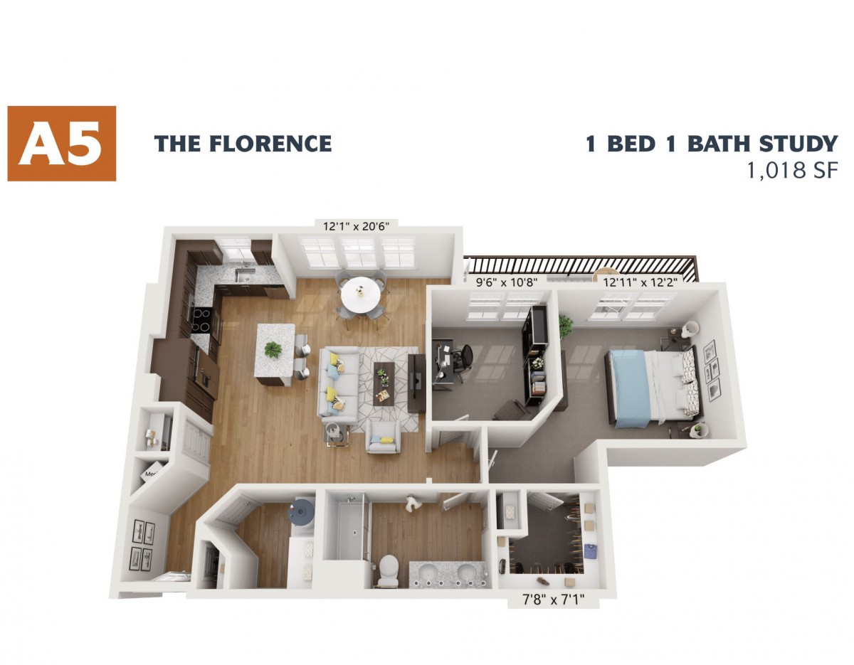 3D layout of 'The Florence' showing a one-bedroom, one-bathroom apartment.