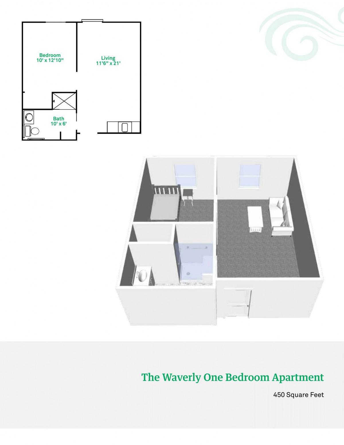 A 3D floor plan of a one-bedroom apartment with a compact layout.