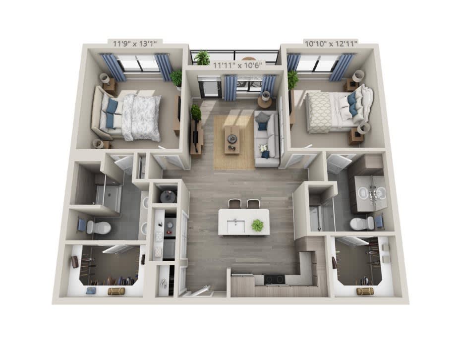 A 3D floor plan of a modern two-bedroom apartment with a central living area and kitchen.