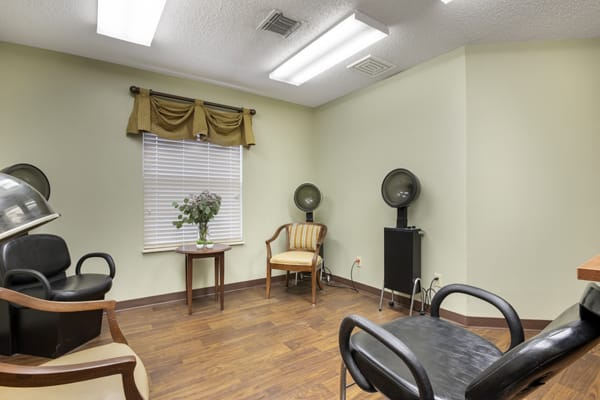 A cozy salon interior with chairs, hair dryers, and a decorative table near a window.