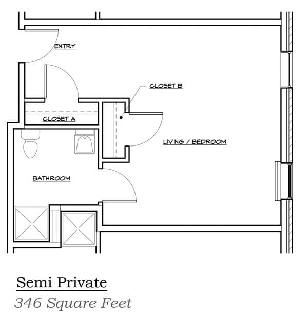 Floor plan of a semi-private apartment measuring 346 square feet.