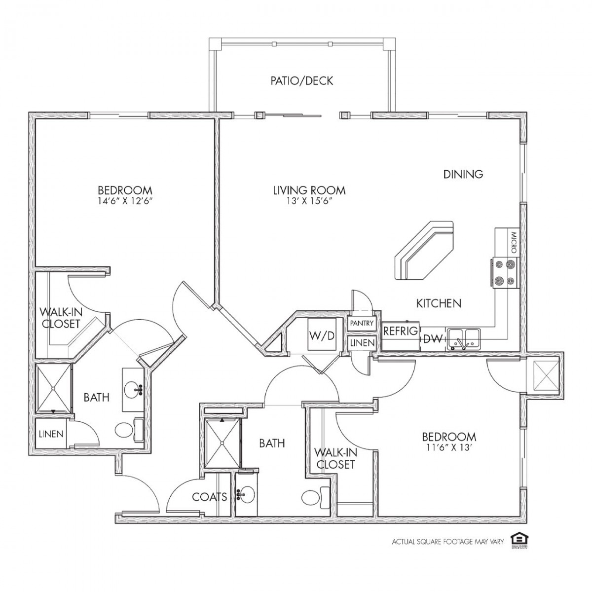 A detailed floor plan of a two-bedroom apartment featuring a living room, kitchen, dining area, and balcony.