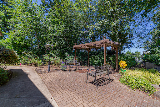 A serene outdoor seating area surrounded by lush greenery, featuring a wooden pergola and benches.