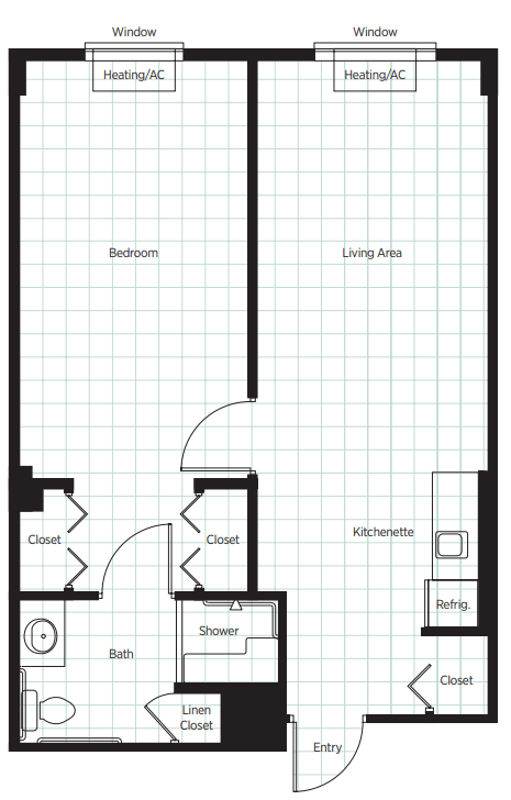 A floor plan of a one-bedroom apartment with a living area, kitchen, bathroom, and closets.