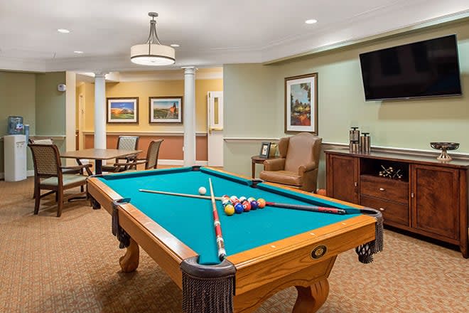 A well-furnished recreation room featuring a pool table and comfortable seating.