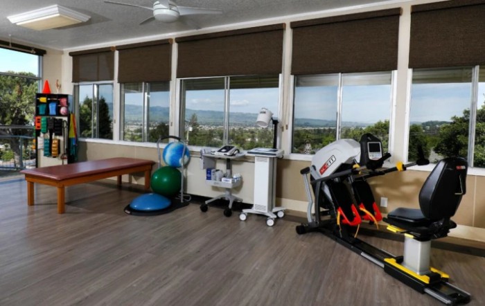 A bright gym with various exercise equipment and a scenic mountain view through large windows.