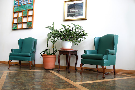A cozy waiting area featuring green armchairs, a small wooden table, and a potted plant.