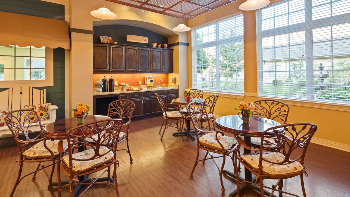 A cozy cafe setting with wooden tables and chairs, a kitchenette in the background, and large windows allowing natural light to fill the room.