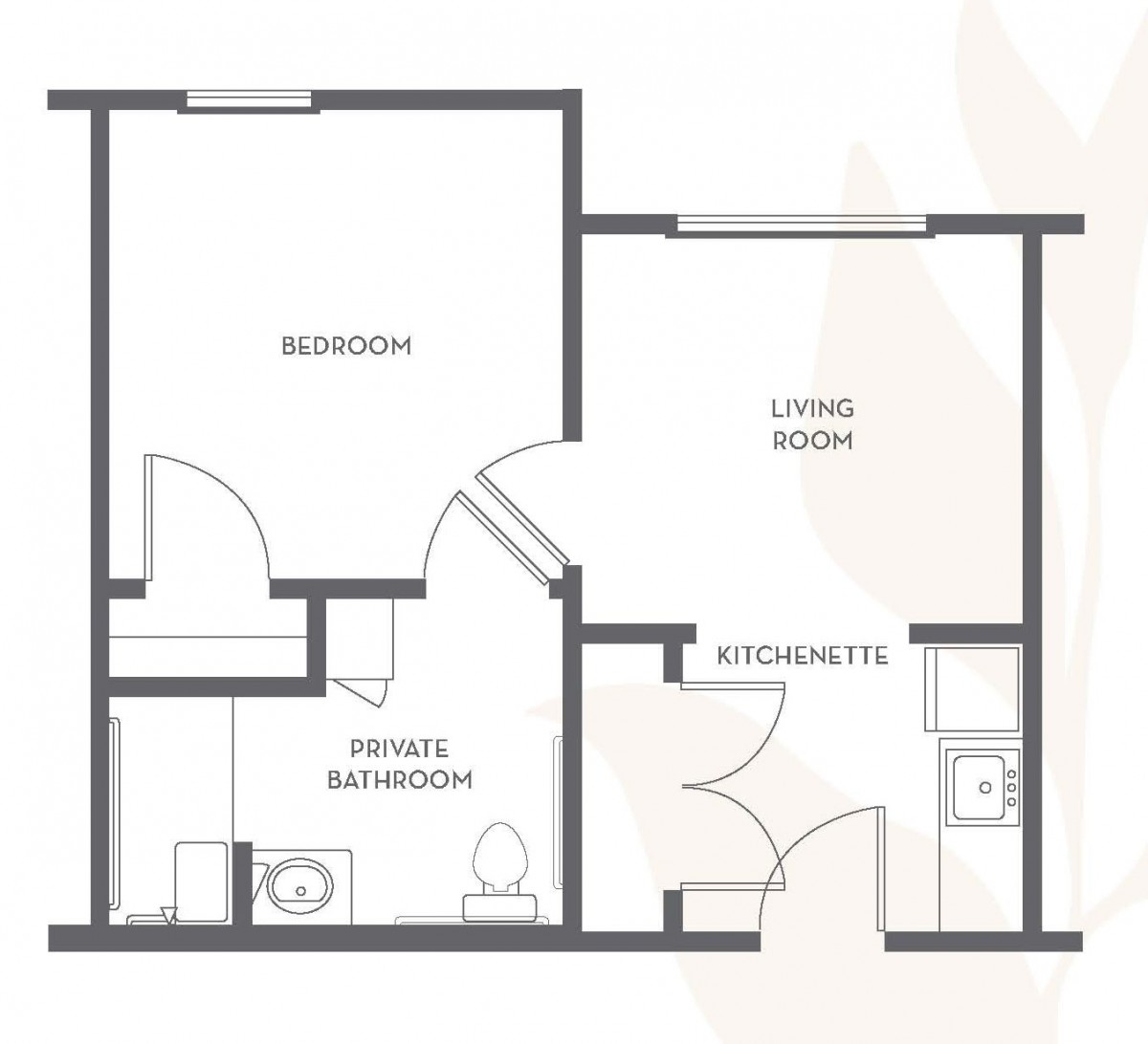 A floor plan of an apartment showing a bedroom, bathroom, living room, and kitchenette.