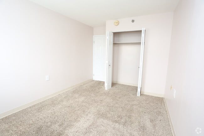 An empty bedroom with white walls, carpeted floor, and an open closet.