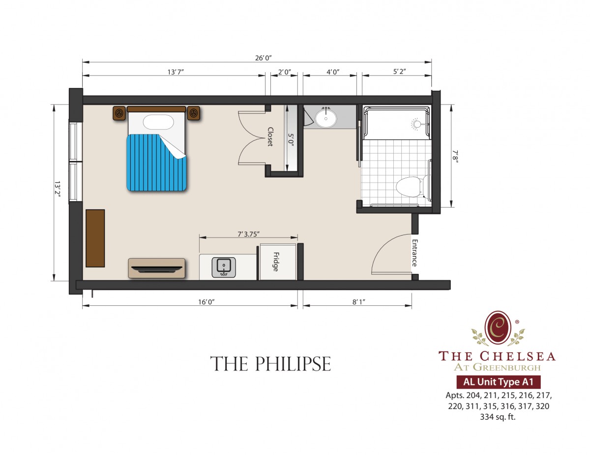 Floor plan of a studio apartment layout with a bedroom, kitchen, and bathroom.
