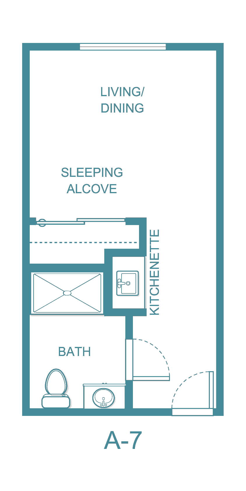 Compact studio apartment layout with a sleeping alcove, kitchenette, and bath.