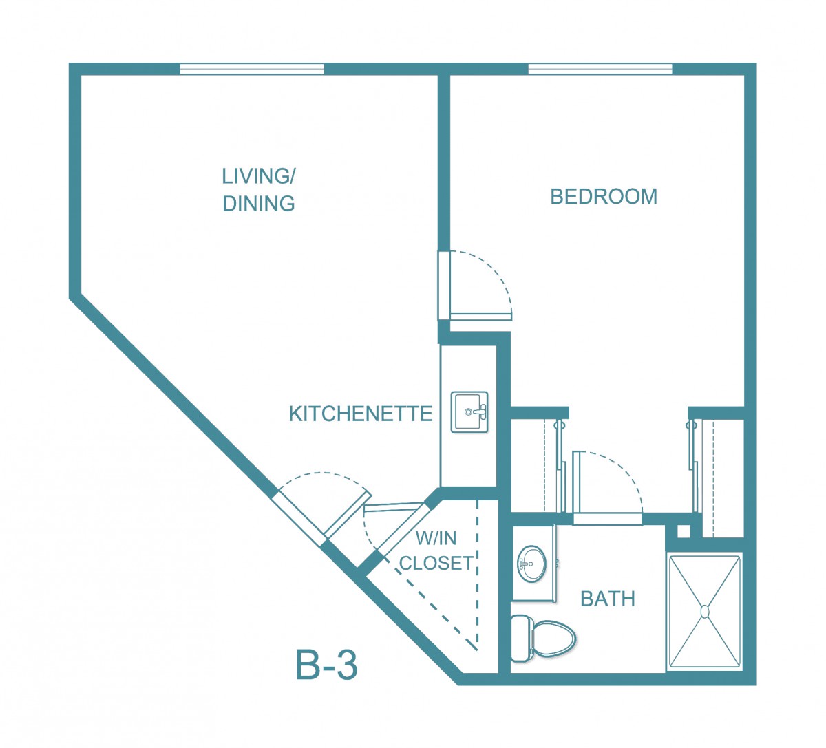 A blueprint of an apartment with a living/dining area, kitchenette, bedroom, and bath labeled as 'B-3'.